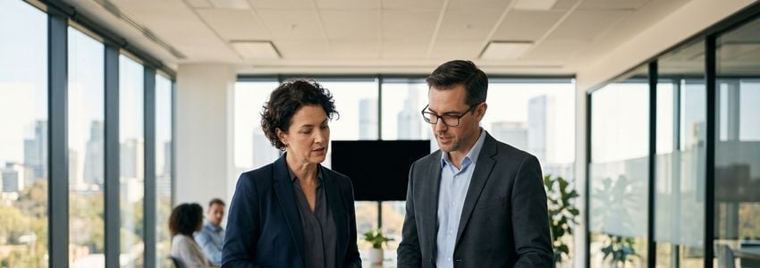 IT security professional and business owner reviewing server infrastructure upgrade plans in a modern data center