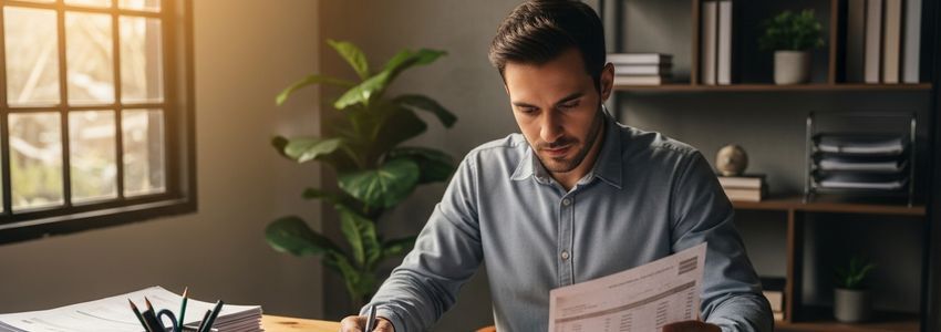 Small business owner reviewing loan documents and financial statements at a desk