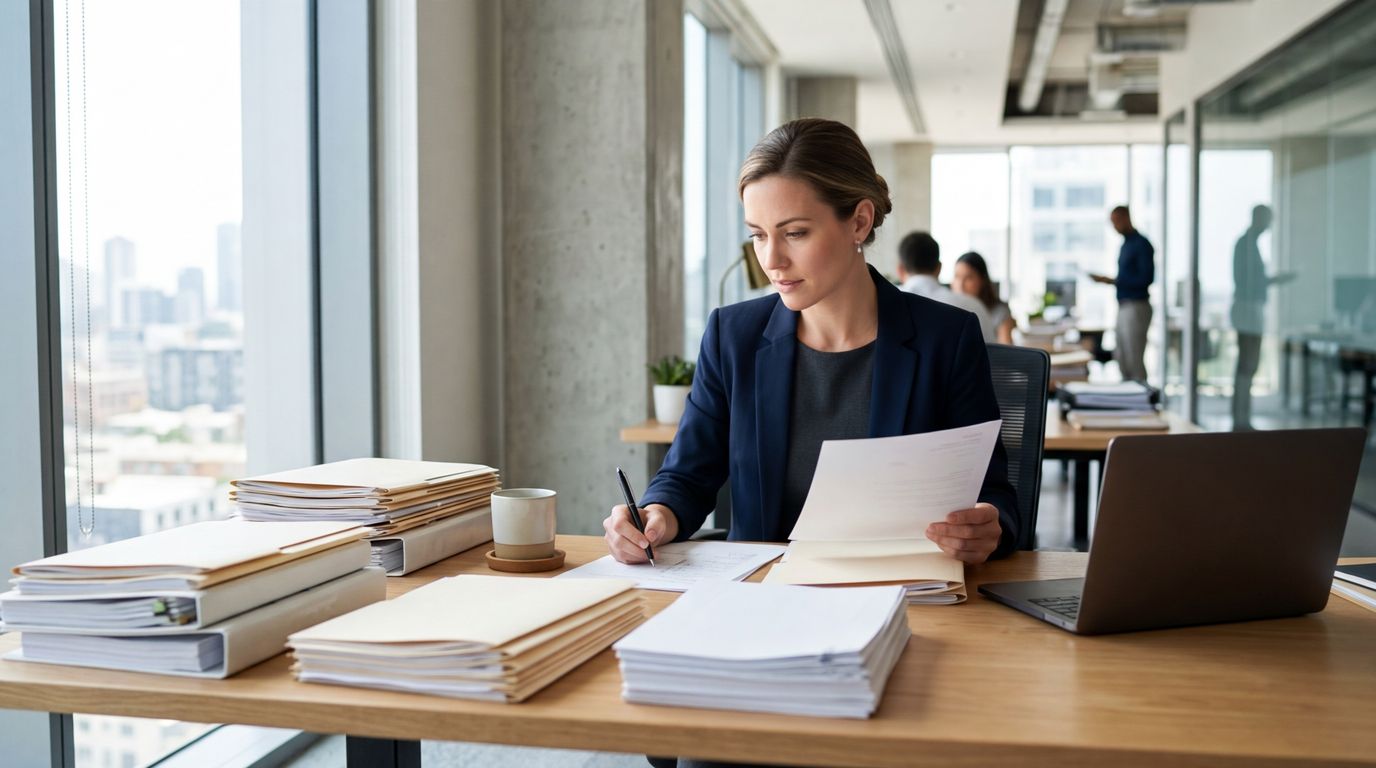 Business owner organizing financial documents and paperwork for a business loan application
