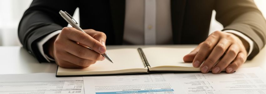 Business owner reviewing financial documents and bank statements for a loan application