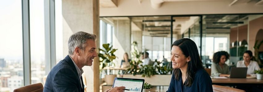 Business owner and HR manager reviewing recruiting and training costs at an office desk after a spike in employee turnover