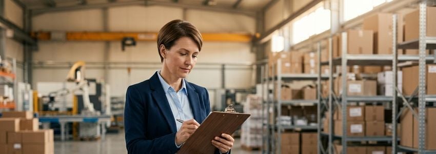 Business owner reviewing equipment financing paperwork in a commercial warehouse facility