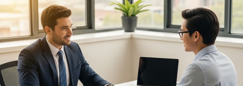Business owner reviewing equipment loan documents with financial advisor at office desk