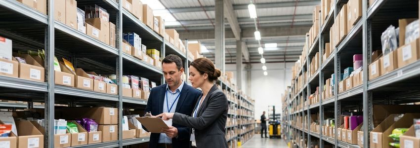 Business professionals examining inventory on shelves