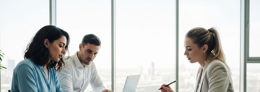 Business team reviewing marketing campaign financing options in a modern office