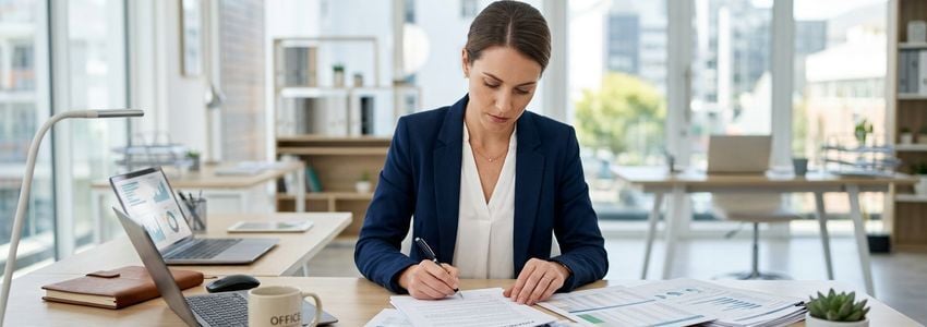 Business owner and HR manager reviewing payroll financing options at office conference table