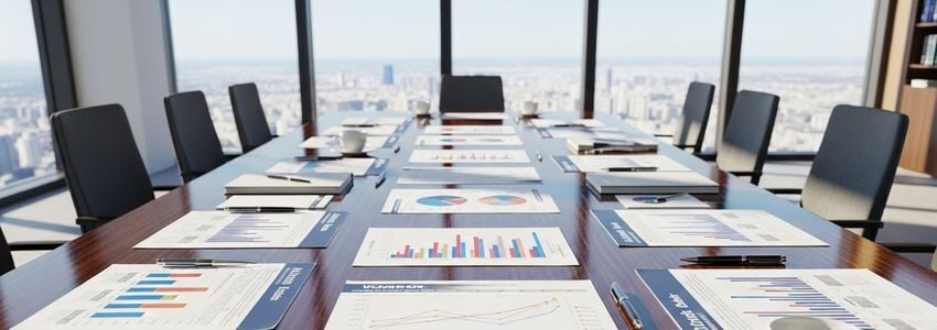 Professional conference room with financial documents and charts spread on the meeting table, representing a business loan forbearance discussion