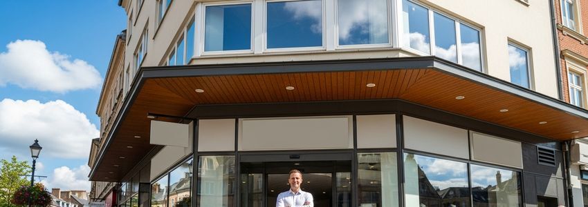 Small business owner standing in front of commercial property, representing business financing options