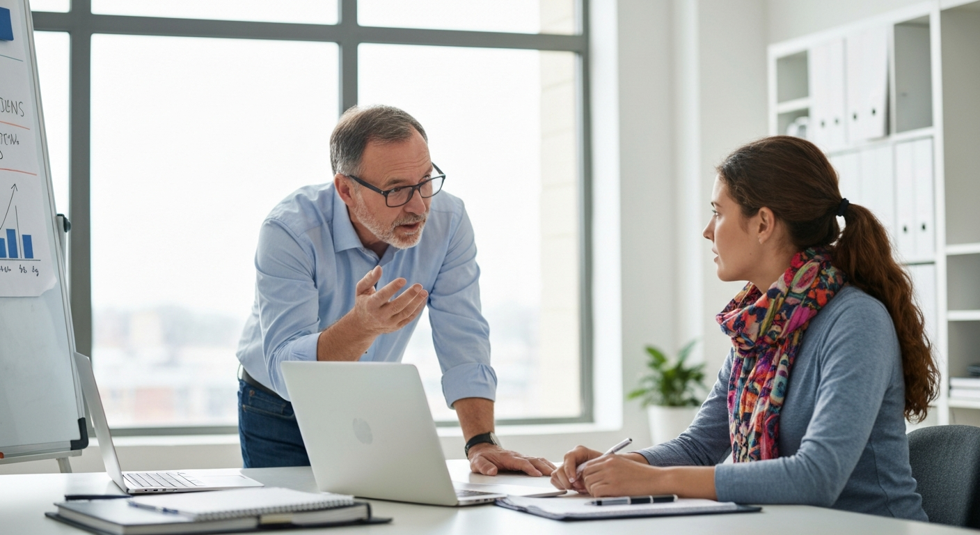 Business advisor and small business owner reviewing loan interest rate options at a modern office meeting table