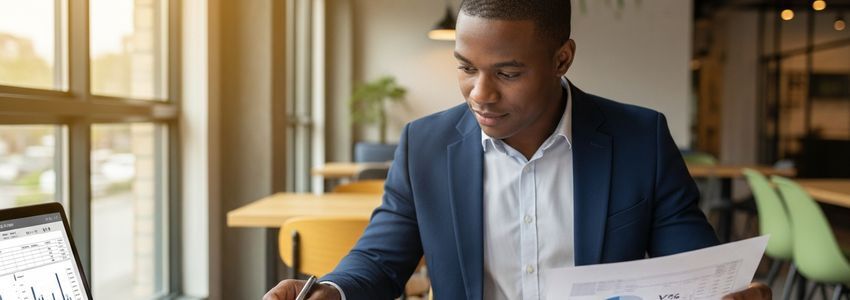 Business owner reviewing loan interest rate documents with a financial advisor