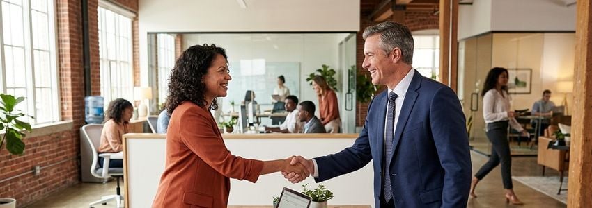 Small business owner reviewing alternative financing paperwork with a lender representative in a modern office