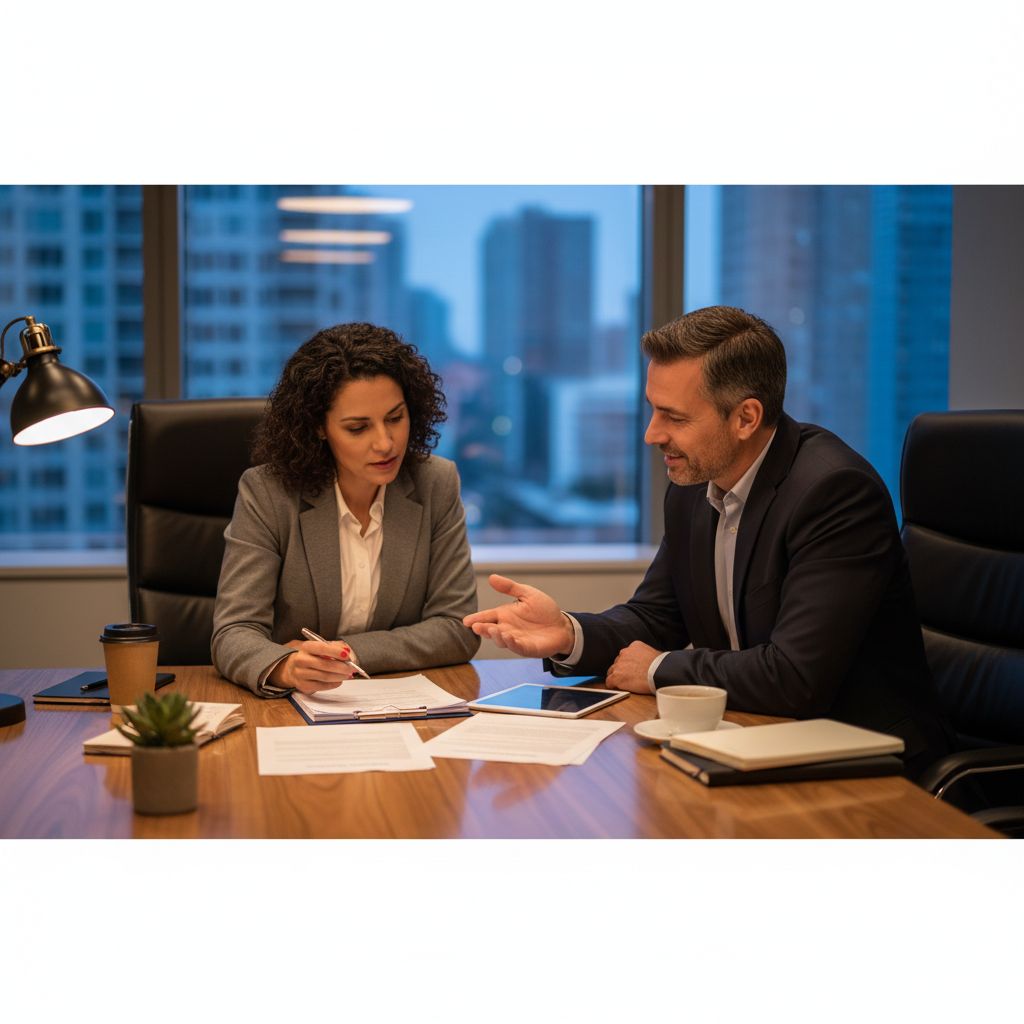 Small business owner and financial advisor reviewing loan documents together at a conference table
