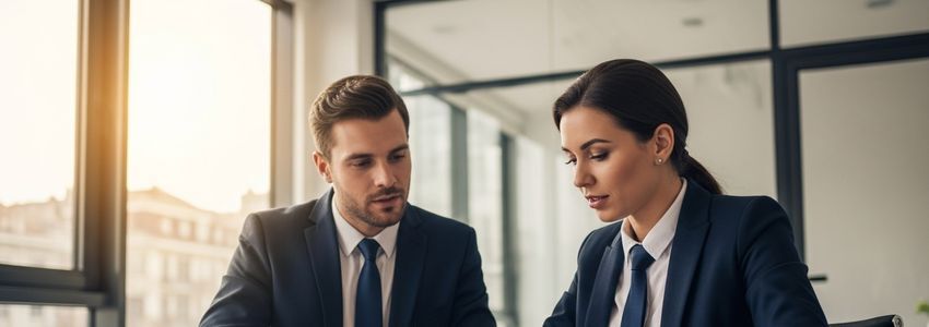 A business owner and financial advisor reviewing loan modification documents together in a professional office meeting