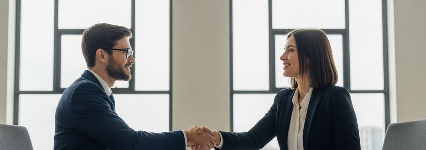 Business owner and financial advisor reviewing loan documents together in a professional office setting