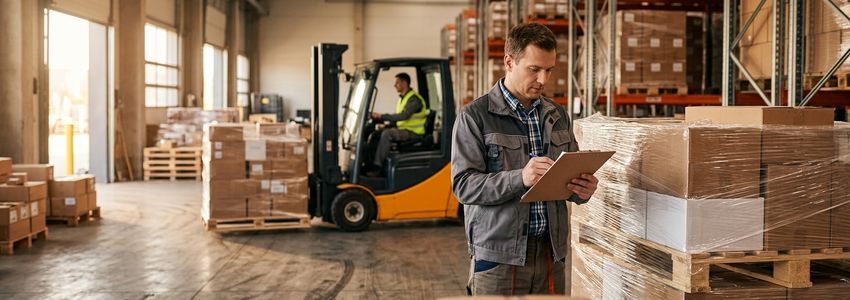 Warehouse manager reviewing incoming shipment paperwork next to freshly delivered pallets from a new supplier