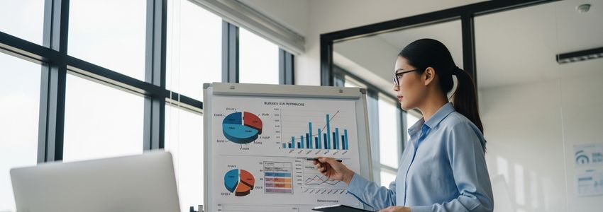 Business owner analyzing loan refinancing options on whiteboard in office