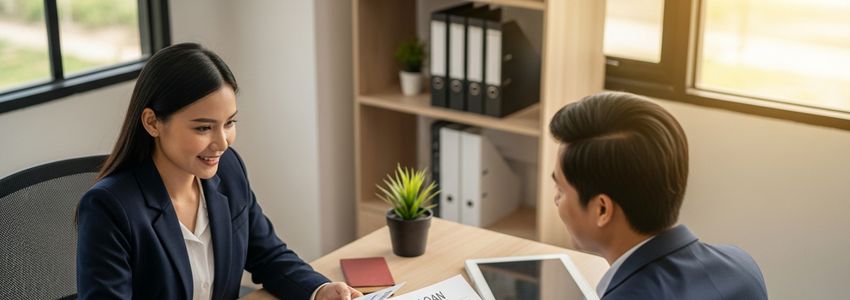 A part-time business owner reviewing loan documents at a desk in a home office, professional setting, natural light