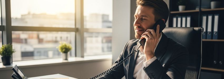 Business owner discussing payment holiday options with a lender over the phone in a professional office setting