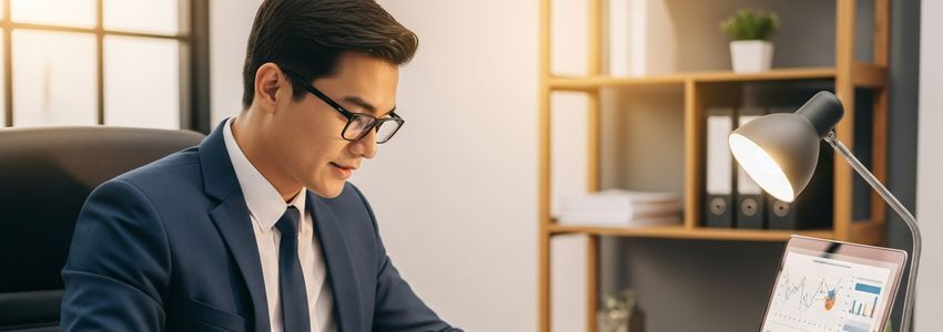 Business professional reviewing loan payment schedule documents in modern office setting