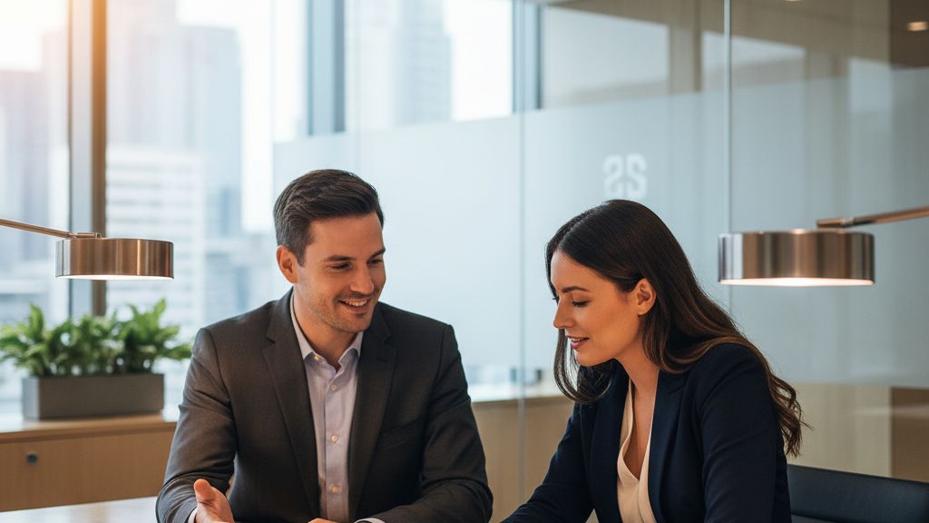 Loan officer presenting competitive business loan rate options to a small business owner across a professional desk