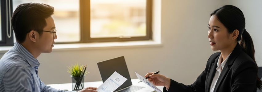 Business owner and financial advisor reviewing business loan rate options and documents in a professional office setting