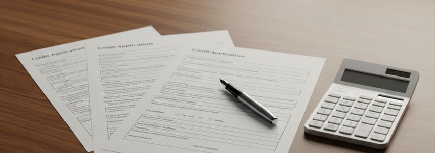 Business loan application documents with credit score assessment forms and calculator