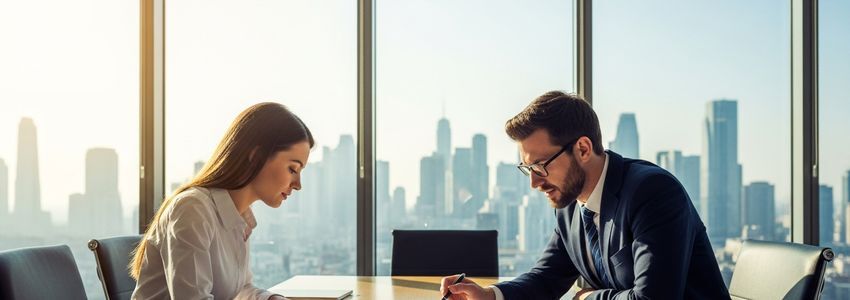 Business professionals reviewing refinancing documents