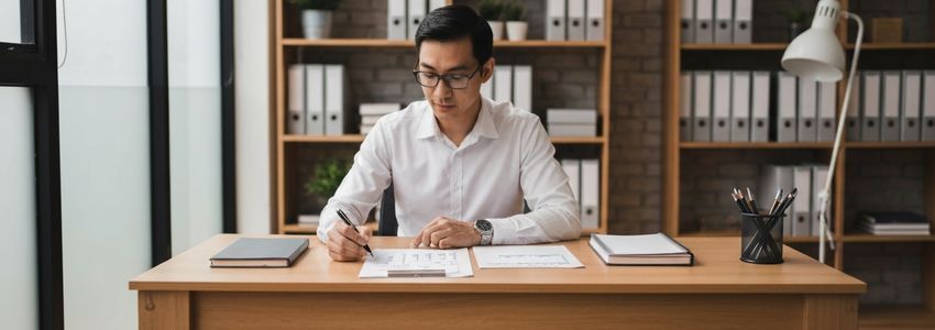 Business owner reviewing loan application checklist and financial documents at office desk