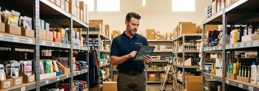 Retail store manager reviewing inventory shrinkage data on a tablet in a stockroom with shelves of merchandise