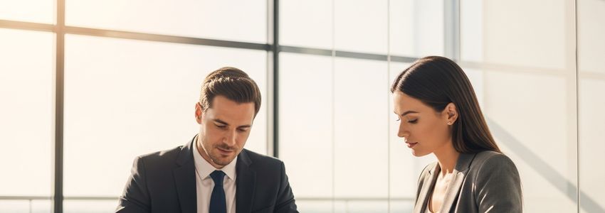 Business professional reviewing loan satisfaction documents with lender in professional office setting