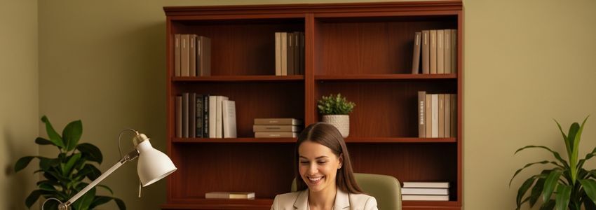 Business professional reviewing loan documents at a desk in a modern office