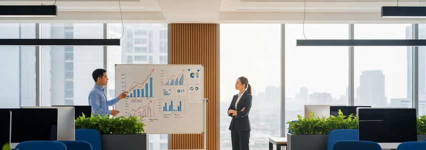 Business professionals reviewing financial planning documents and charts to determine optimal timing for a business loan application