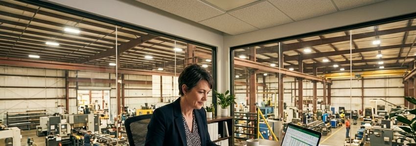 Business owner reviewing labor cost budget and financial documents in a manufacturing office overlooking the factory floor