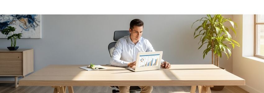 Business owner at a desk reviewing two financing documents and comparing business loan vs line of credit options in a professional office setting