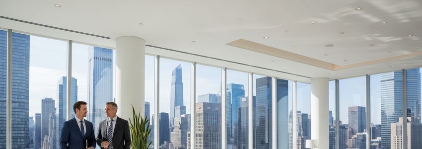 Business professionals reviewing loan options in a modern corporate office setting