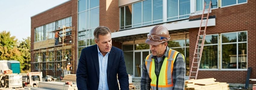 Business owner and contractor reviewing facility modification blueprints for a zoning compliance project