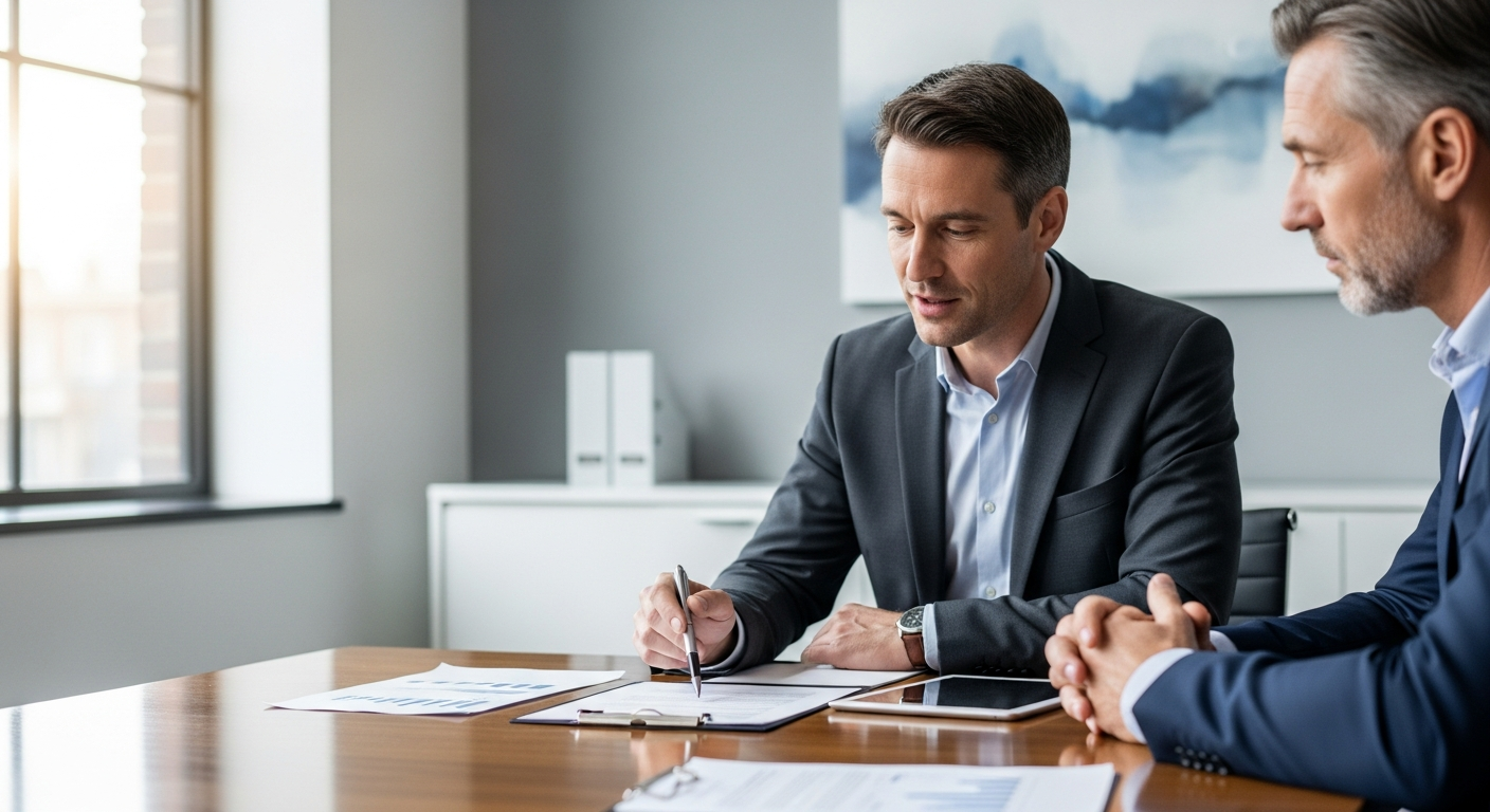 A lender and business owner reviewing financing options together at a professional office desk