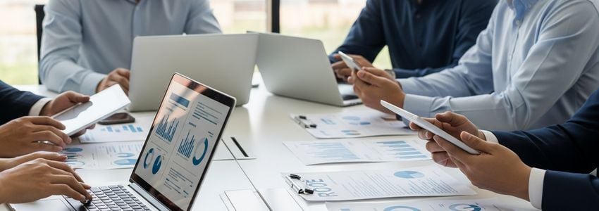 Business team reviewing digital transformation financing options