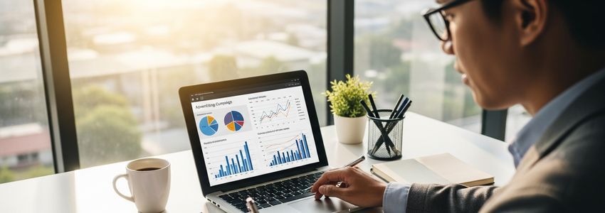 Business owner reviewing marketing campaign analytics and budget plan on laptop in modern office