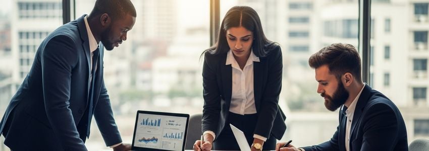 Business partners reviewing partnership agreement documents at a conference table
