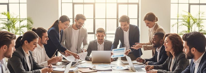 Business owners collaborating on a partnership deal around a conference table