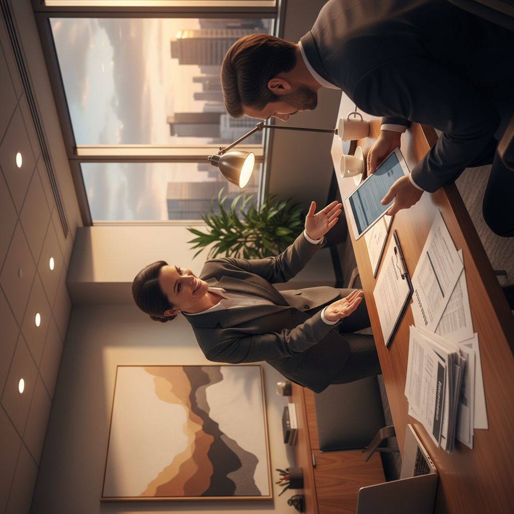 Small business owner presenting a business plan to a bank loan officer