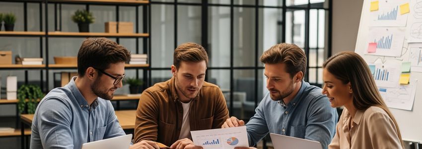 Small business team collaborating on a business plan with financial charts and documents at a conference table