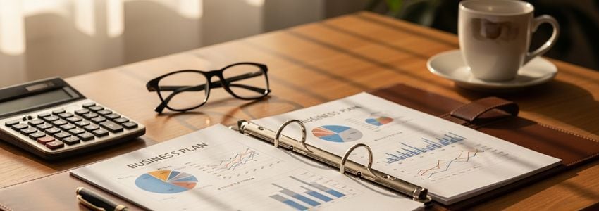 Business professionals reviewing a financing business plan with financial projections and charts
