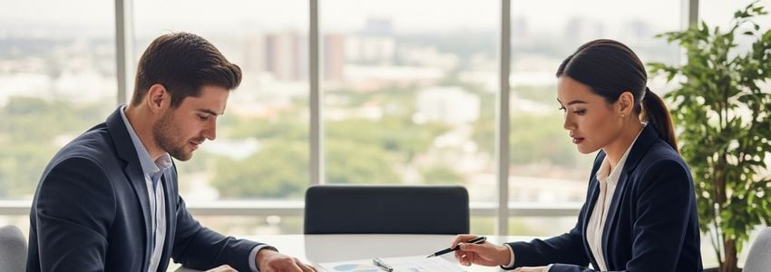 Business professional and advisor reviewing a business plan for loan approval in a modern office