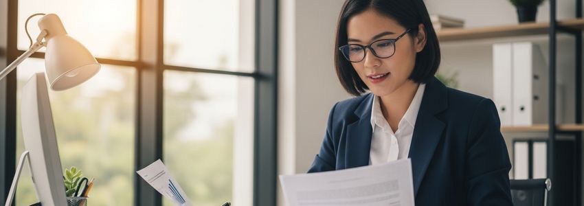 Business owner reviewing financial risk analysis and business plan documents at a professional desk