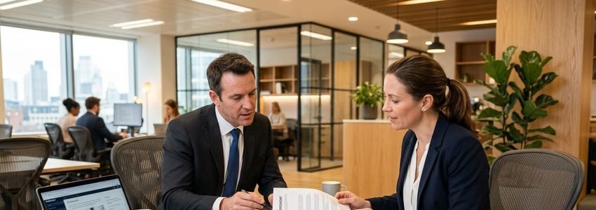 Two business professionals reviewing a lease agreement at a modern office space during a business relocation