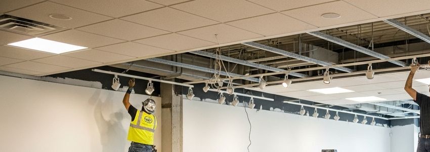 Commercial renovation in progress with construction workers upgrading a business interior space