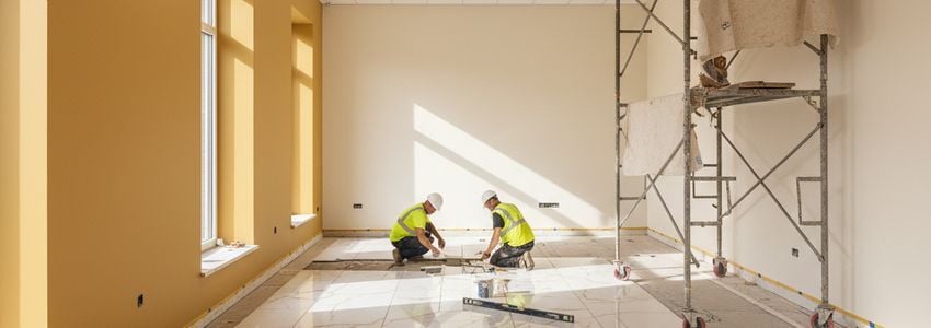 Commercial renovation workers installing new flooring in a business space