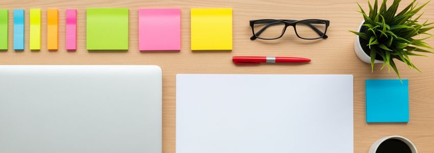 Business software financing workspace with colorful office supplies and laptop